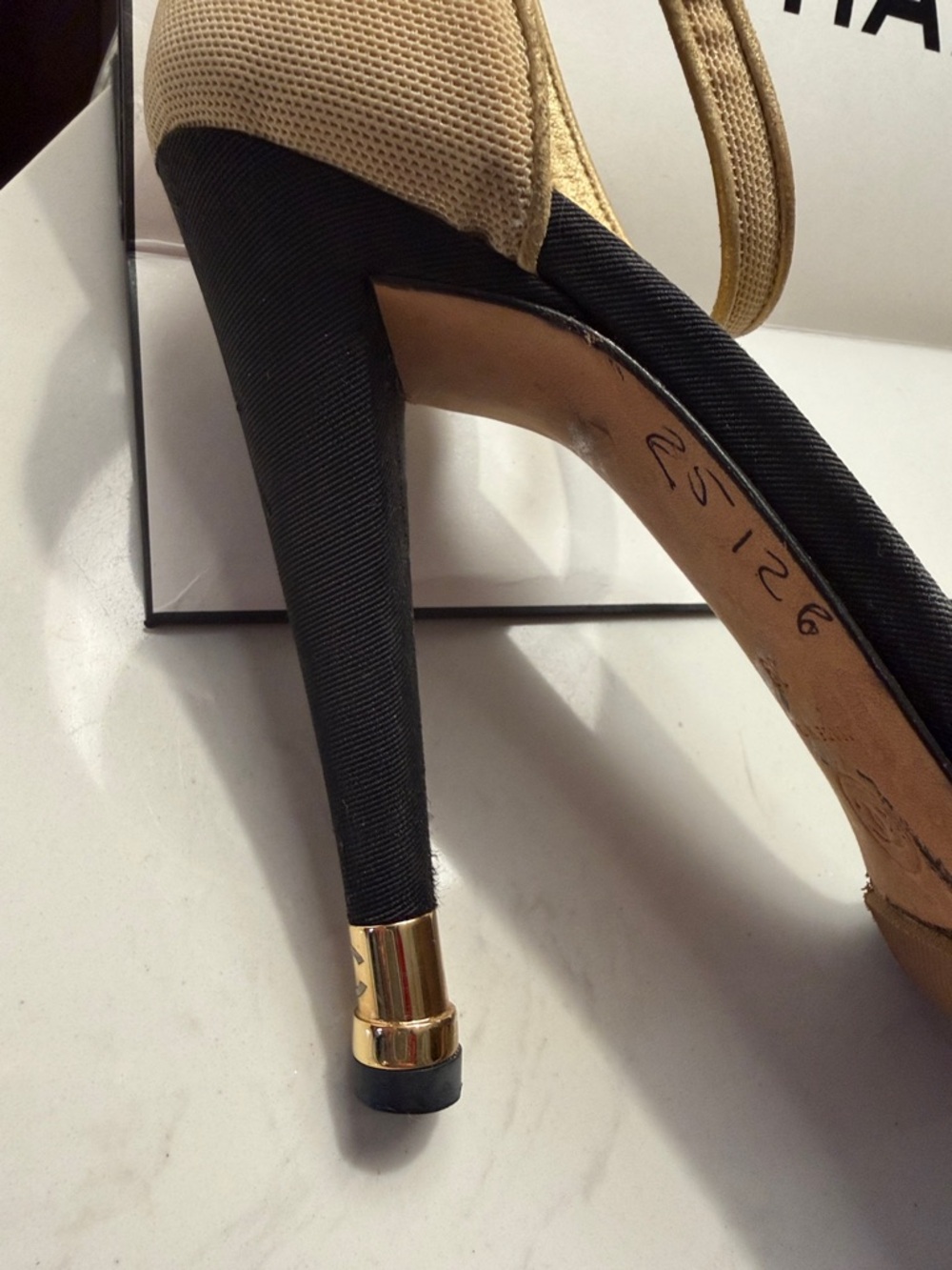 CHANEL Beige and Black SATIN Ankle-Strap Stilettos with Gold Accents from 2001 - Picture 3 of 6